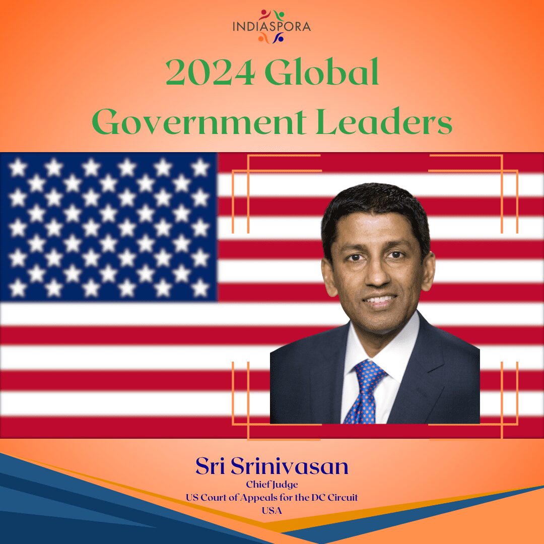 A picture of sri srinivasan with the american flag.