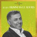 A man in black jacket and white shirt with words " indiaspora 2 0 2 0 business leaders ".