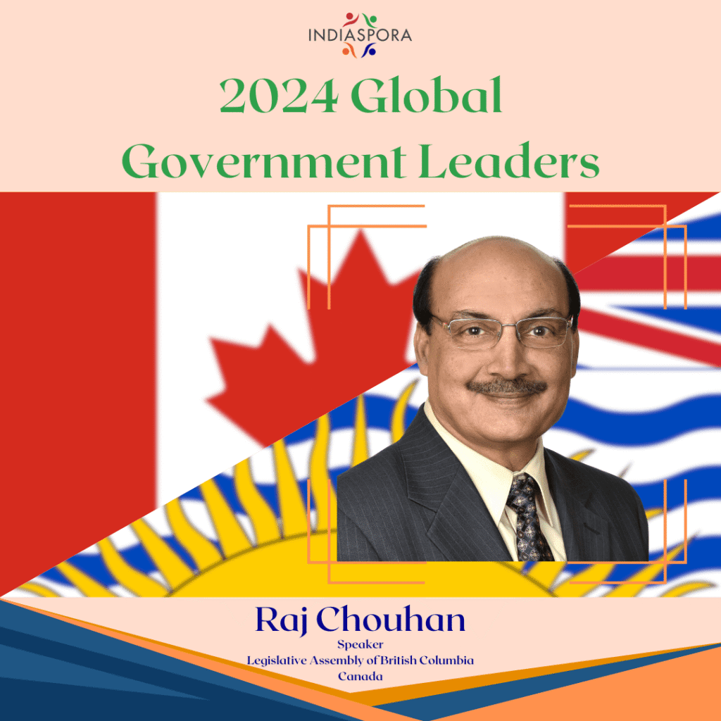 A picture of raj chouhan with the words 2 0 2 4 global government leaders.|A woman in a colorful striped shirt and a rainbow colored background.