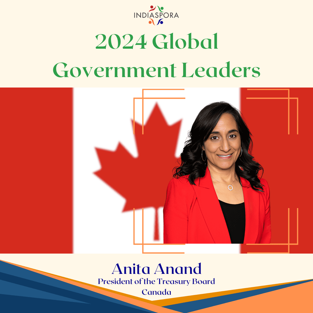 A picture of anita anand with the canadian flag.|A woman in red jacket smiling for the camera.