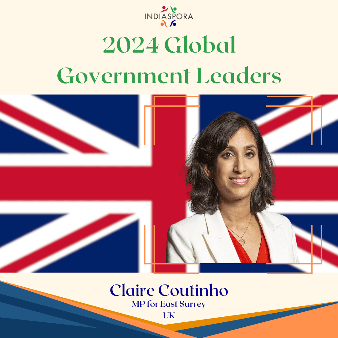 A picture of claire coulinho with the british flag in the background.