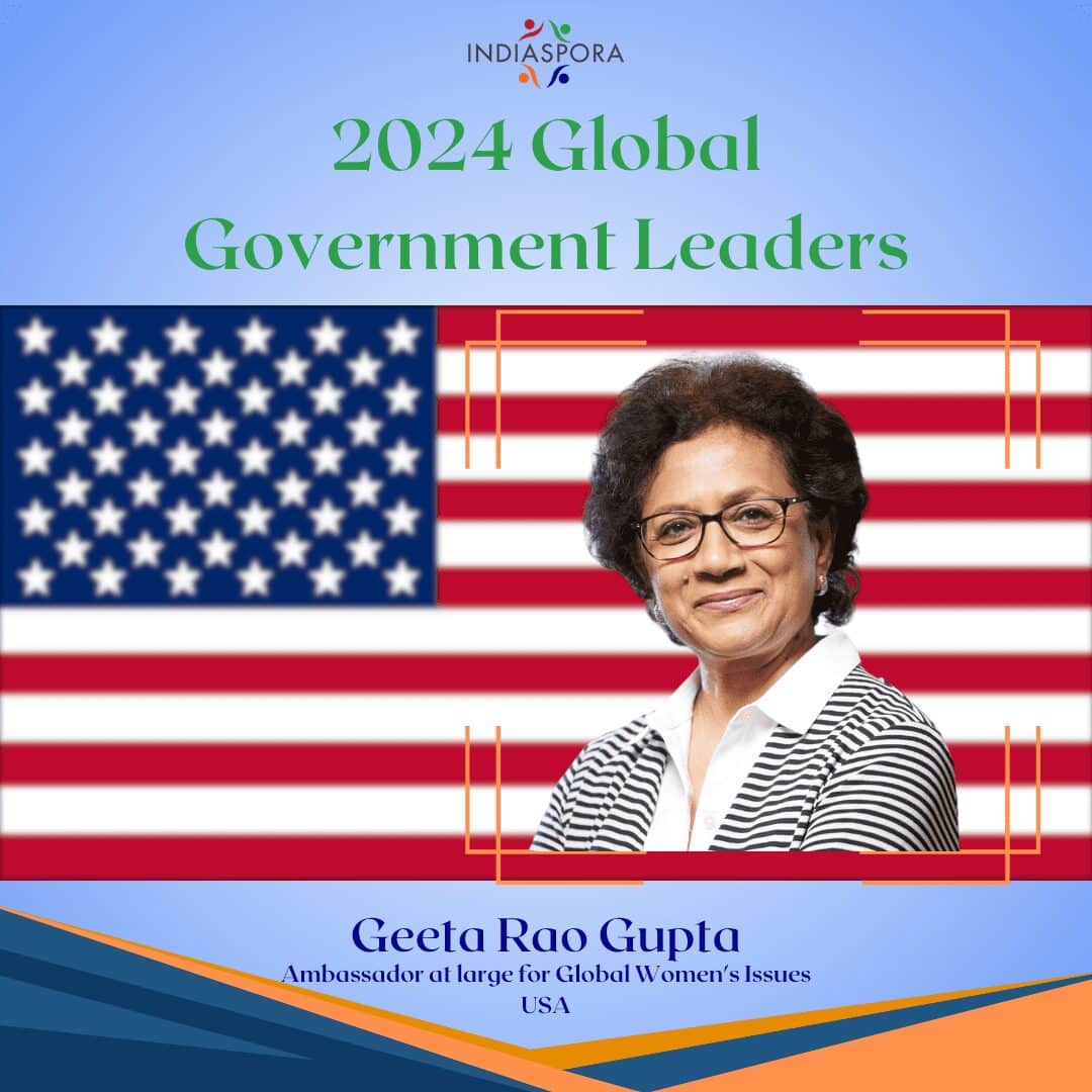 A picture of geeta rao gupta with the american flag.