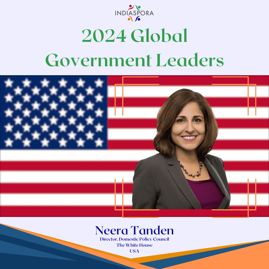 A picture of neera tanden with the american flag.