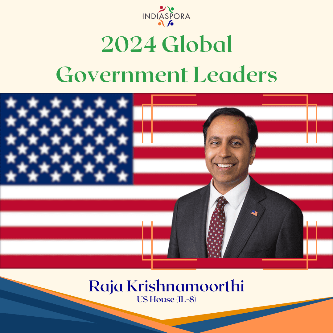 A picture of raja krishnamoorthi with the words " 2 0 2 4 global government leaders."|A man in a suit and tie next to an american flag.