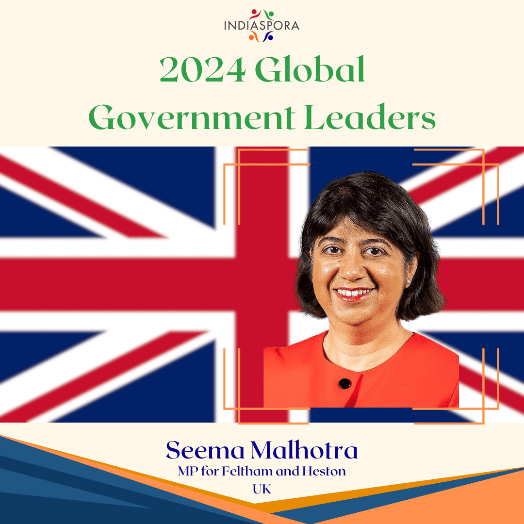 A picture of seema malhotra with the british flag in the background.