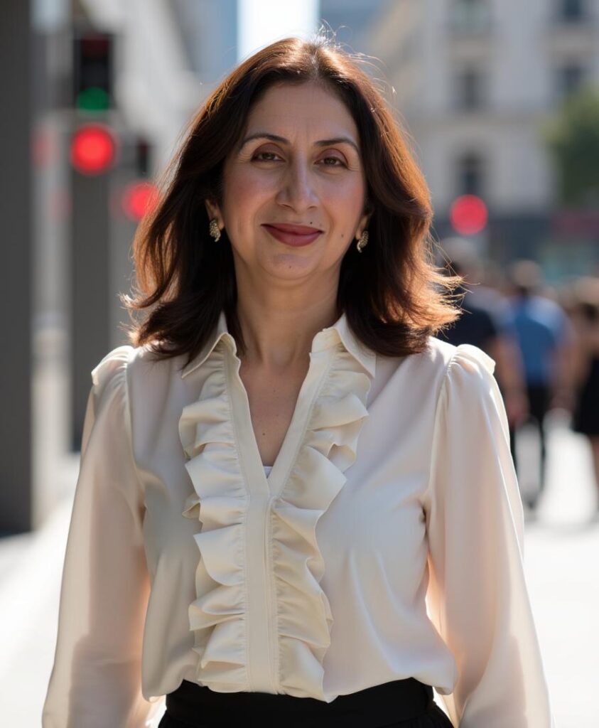 A woman in white shirt standing on sidewalk near street.