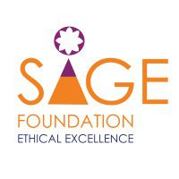 SAGE Foundation logo with ethical excellence tagline.|Smiling woman with short hair and necklace.|Smiling man in a business suit indoors.