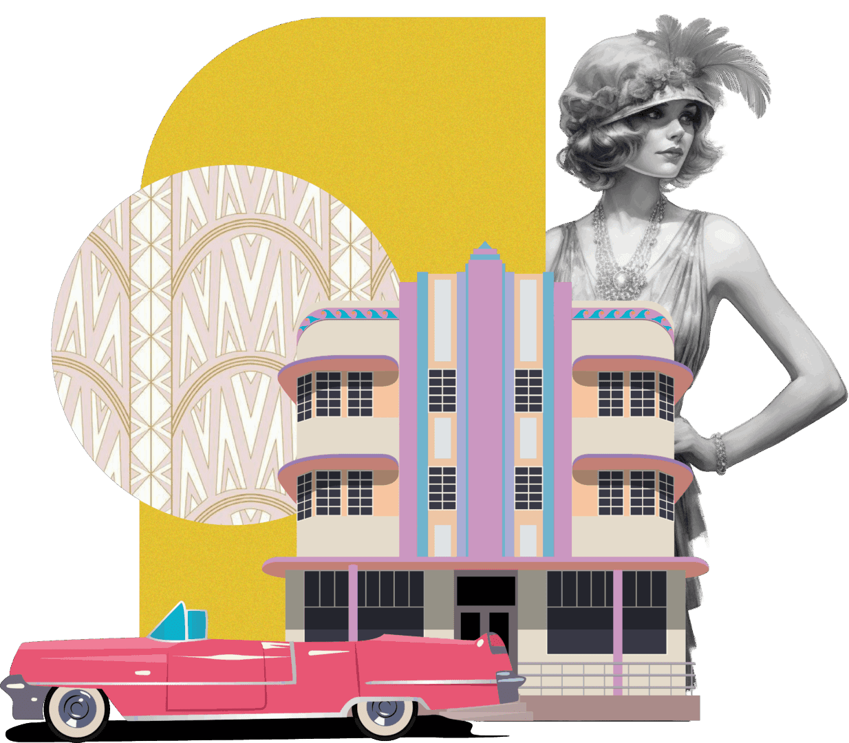 Art Deco style collage with woman and car.|Entrance of Empress Court building with person.|Statue atop building under cloudy sky.|Art Deco building with "Liberty" sign.|Yellow building with arched windows and trees.|Art Deco building under clear blue sky.|Miami Beach post office with flagpole and landscaping.|Art Deco building with "Crescent" sign.|Historic building sketch with palm trees.|Miami-Mumbai Art Deco celebration logo design.|Musician walking with saxophone near building.|Art Deco woman, building, and vintage car.