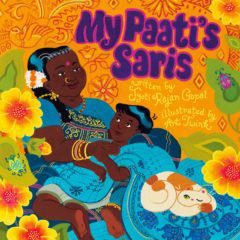 A picture book cover with an image of a woman and child.|A woman with white hair and wearing pink.