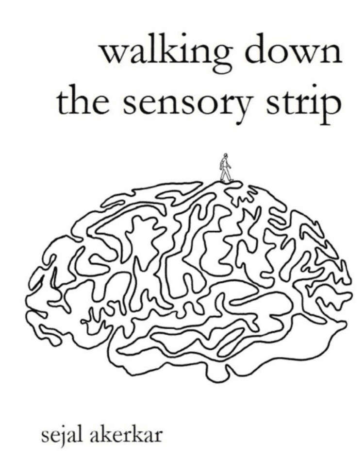 A drawing of a brain with the words " walking down the sensory strip ".|A woman holding two books in her hands.