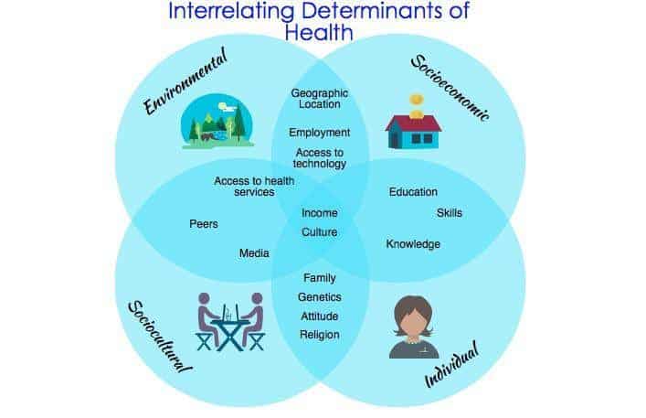 A diagram of the interrelate determinants of health.