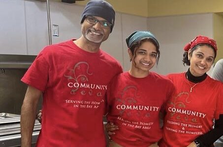 Three people in matching community shirts smiling.|Infographic of community service statistics and programs.|Smiling woman in front of decorative background.|Colorful breakfast plates lined up in cafeteria.|People preparing vegetables in a kitchen.