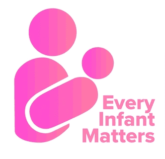 A pink logo with the words " every infant matters ".|A woman holding a baby in her arms.