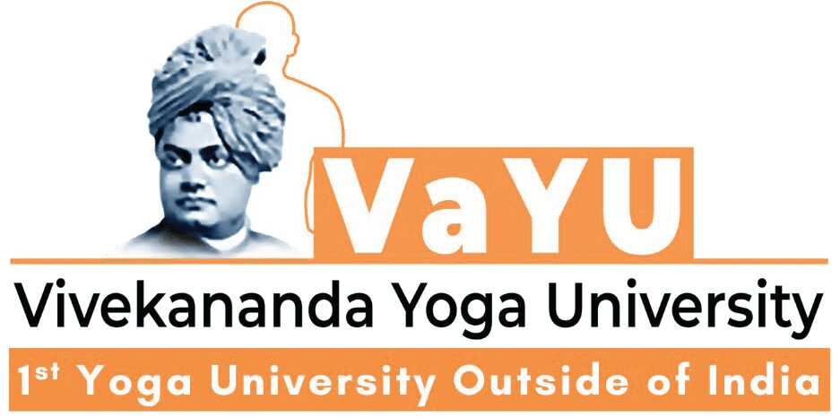 A logo of the amanda yoga university outside.|A logo of the amanda yoga university outside.|A graphic of the vayu journey with three pictures.|A group of people in yellow and red robes.