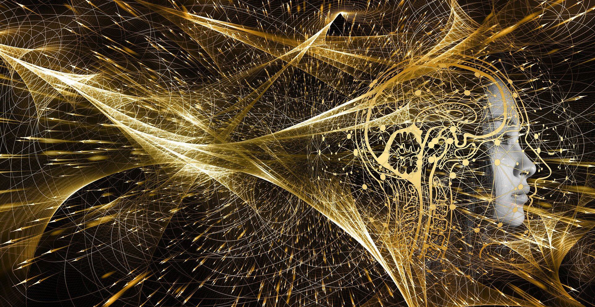 A gold colored abstract background with lots of sparks.|A drawing of a head with the words " first mind ", second mind, and world " third mind ".