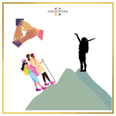 A group of people standing on top of a mountain.|A group of people standing on top of a hill.|A woman with brown hair and blue eyes.