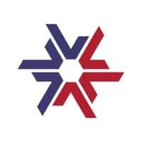 A red, white and blue star with six points.