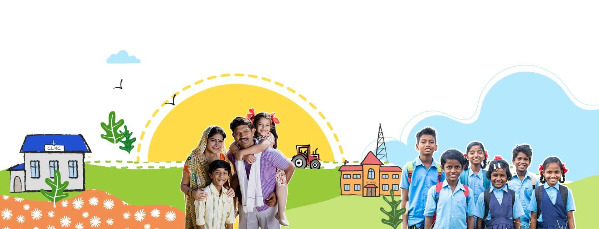 A family is standing in front of a house.|A woman in pink is wearing an orange shawl.