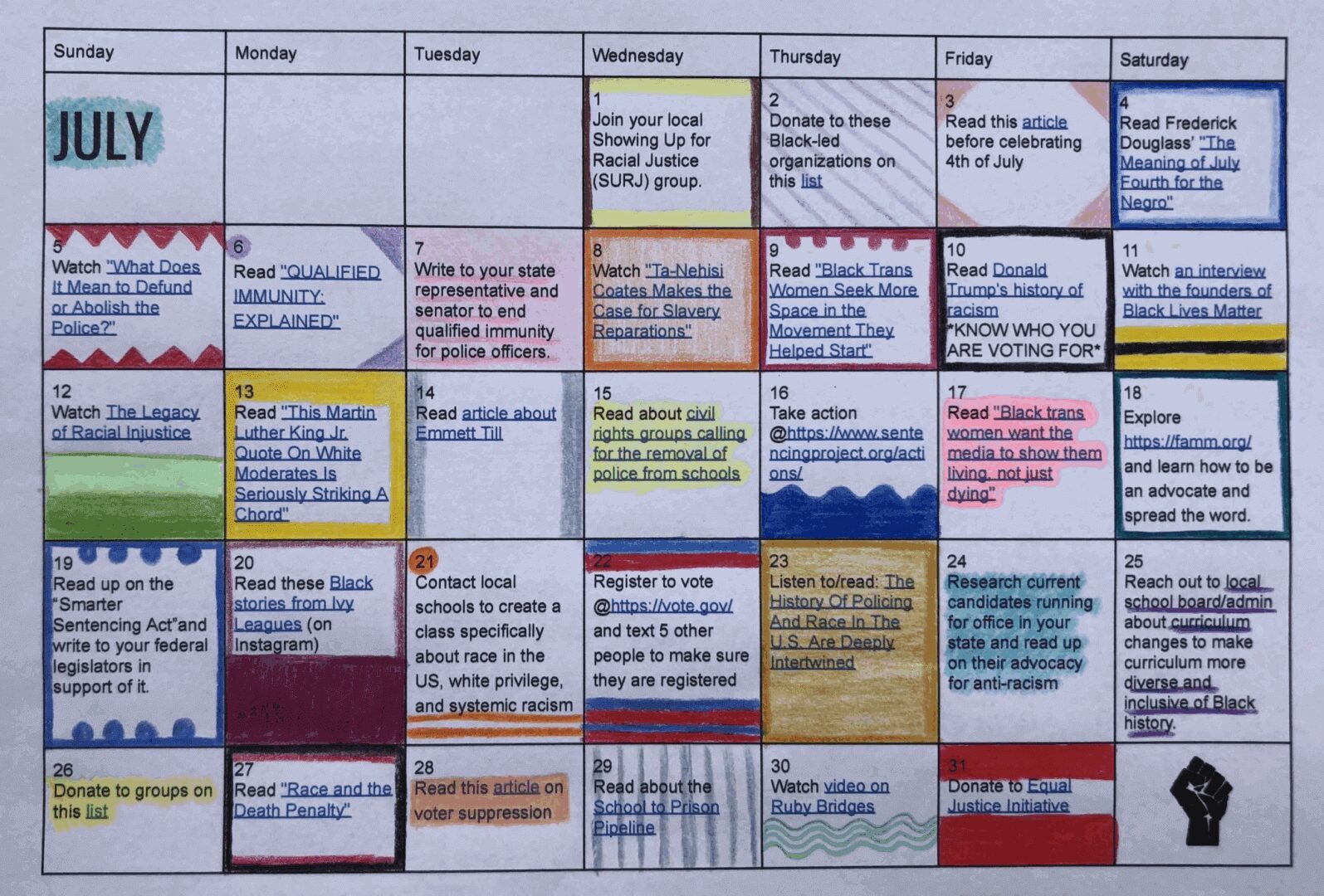 A calendar with many different colored sticky notes.
