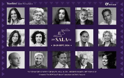 A collage of people with purple background