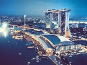 A view of the marina bay sands resort from above.