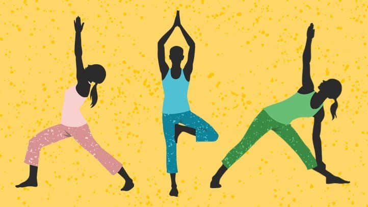 Three people doing different yoga poses on a yellow background|A table with some medical treatments and words|A table with some words and pictures on it|A table with some medical treatments and words|A man with glasses and a black shirt