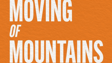 A picture of the words moving mountains on an orange background.|A book cover with an orange van on it.