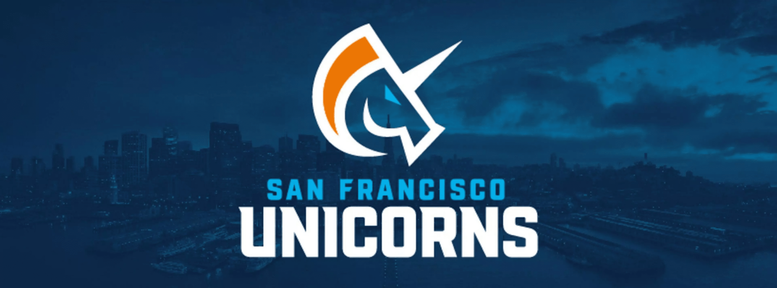 San Francisco Unicorns logo on blue background|Man in orange cricket jersey with crossed arms