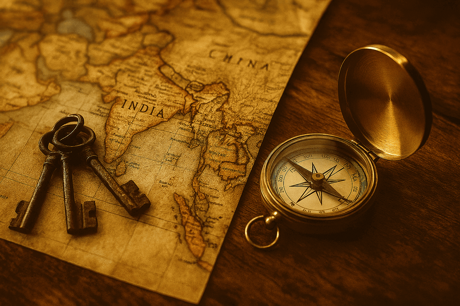 Map, compass, and keys on wooden surface.|Man wearing hat with cityscape background.