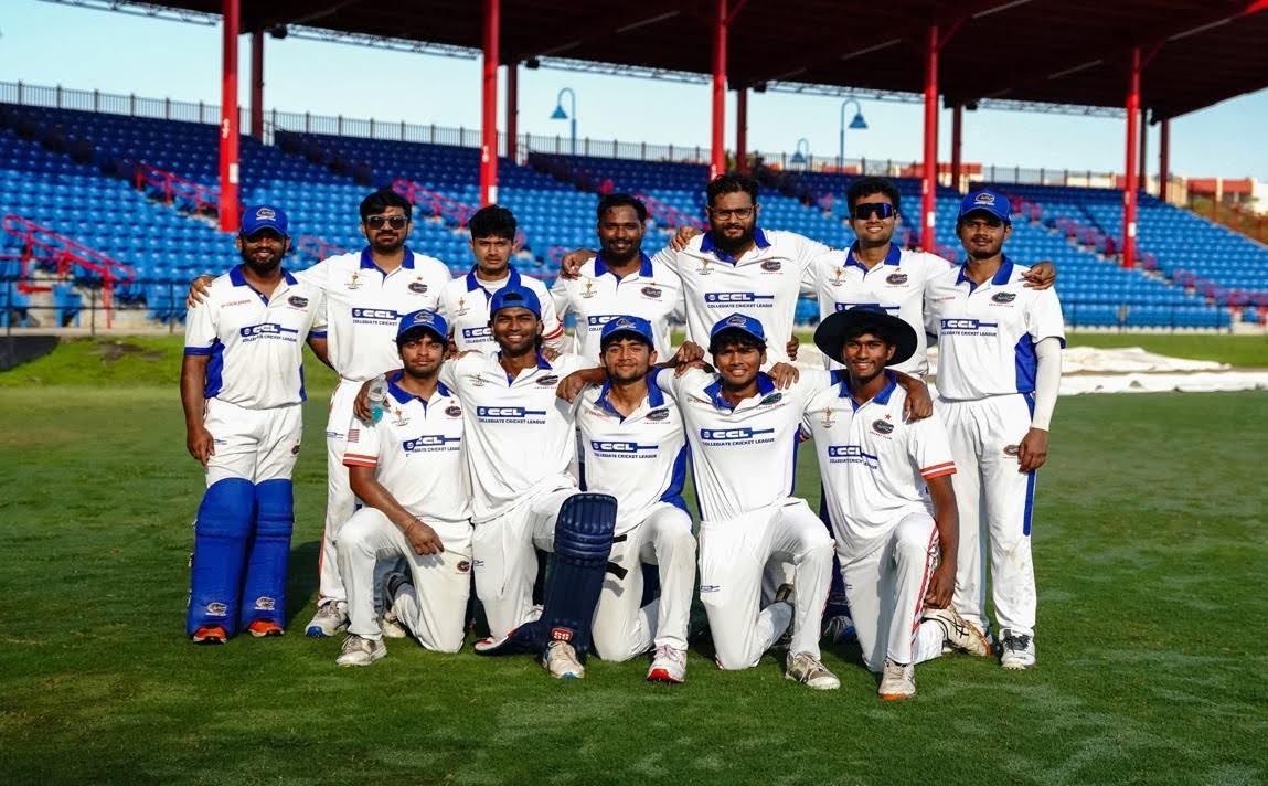 Cricket team posing on grassy stadium field|Panel discussion on sports diplomacy with four speakers|Cricket fielder running to catch ball|Cricket player hoisted on shoulders celebrating victory|Cricket team huddle, players stacking hands