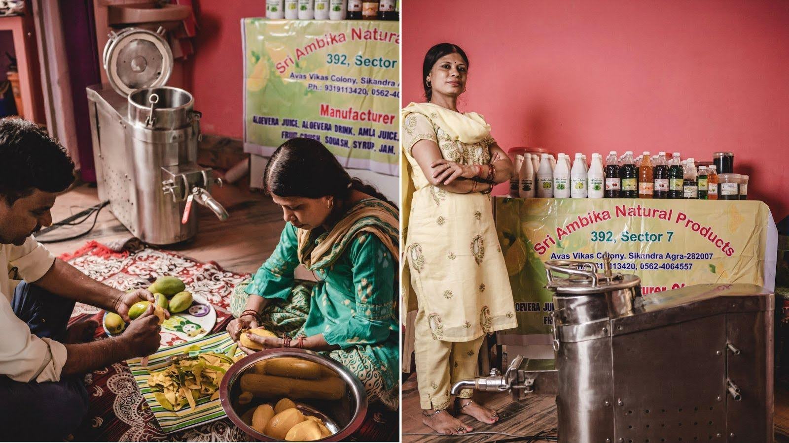 People preparing and displaying natural products.|Women harvesting crops in a green field.|Man in light blue blazer smiling outdoors.|Man feeding buffalo green leaves outdoors.|Women harvesting tomatoes in rural field.|Man harvesting and women sorting tomatoes.