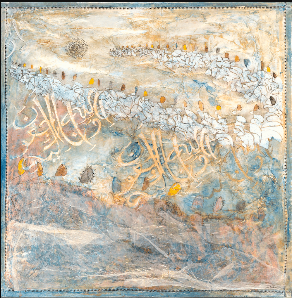 Abstract Arabic calligraphy painting with floral motifs|Smiling woman in black top, arms crossed|Abstract painting of ghostly figures and birds|Textured mixed-media abstract painting with dark center|Textured abstract textile with tangled fibers|Abstract painting of colorful stylized fish|Abstract monochrome etching with floating white shapes|Pink textured abstract painting with swirling patterns|Abstract cubist painting of seated figures|Textile wall hanging with white daisy motifs|Portrait of smiling woman in teal blouse|Blue-green abstract artwork exhibition poster