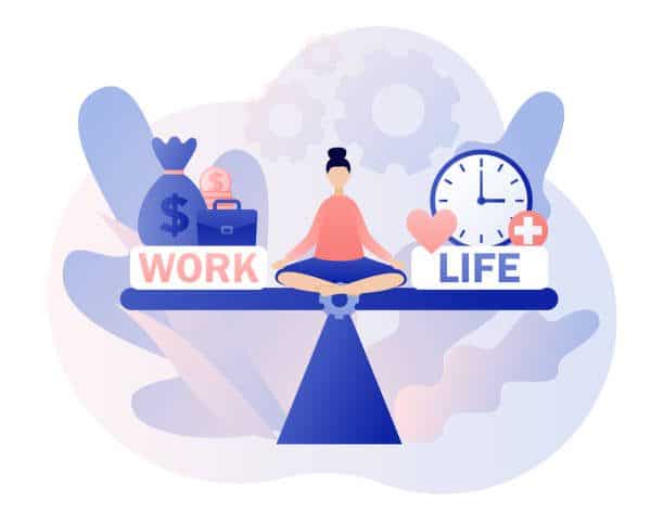 A woman sitting on top of a balance with two different objects.|A man in blue jacket standing next to water.