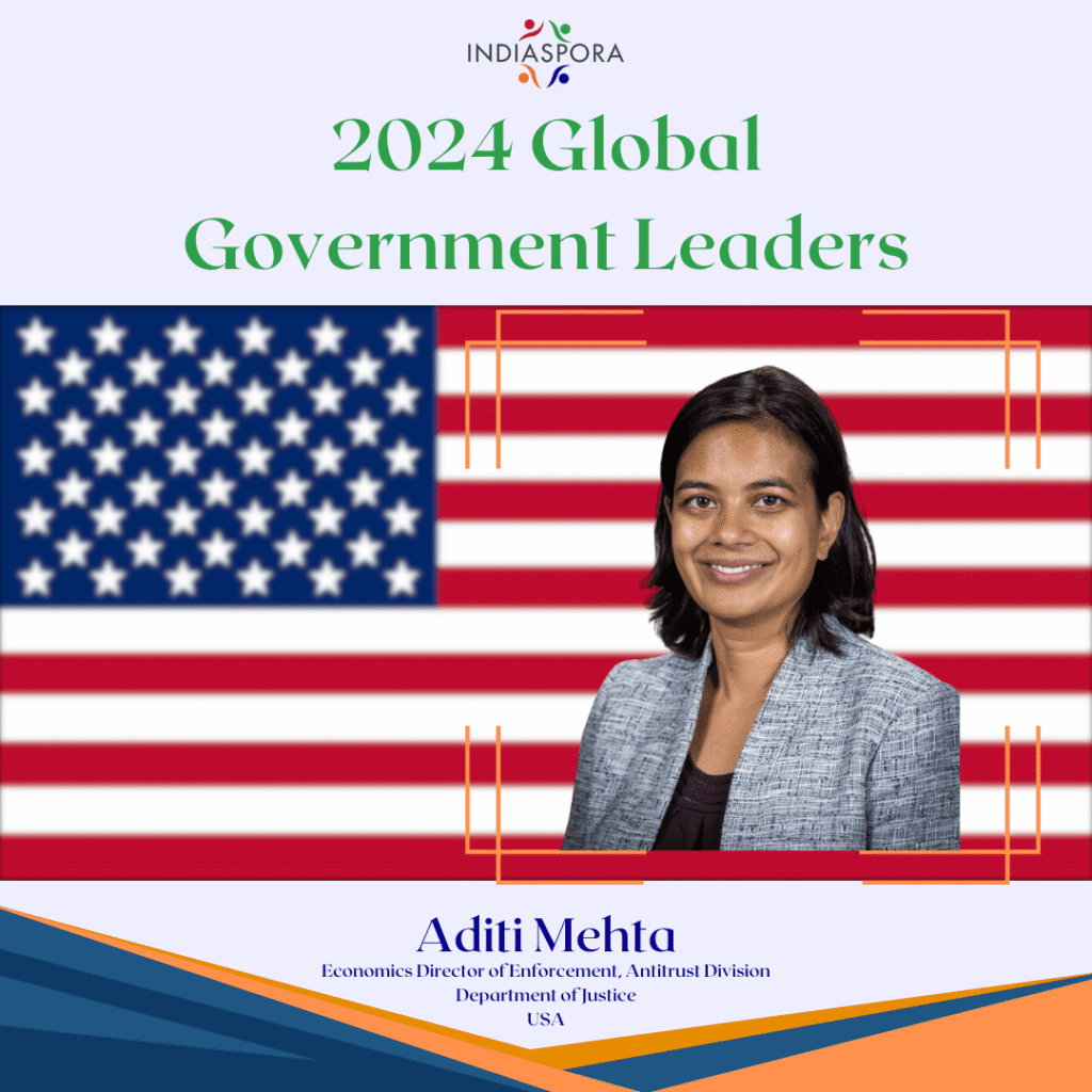 A picture of aditi mehta with the american flag behind her.