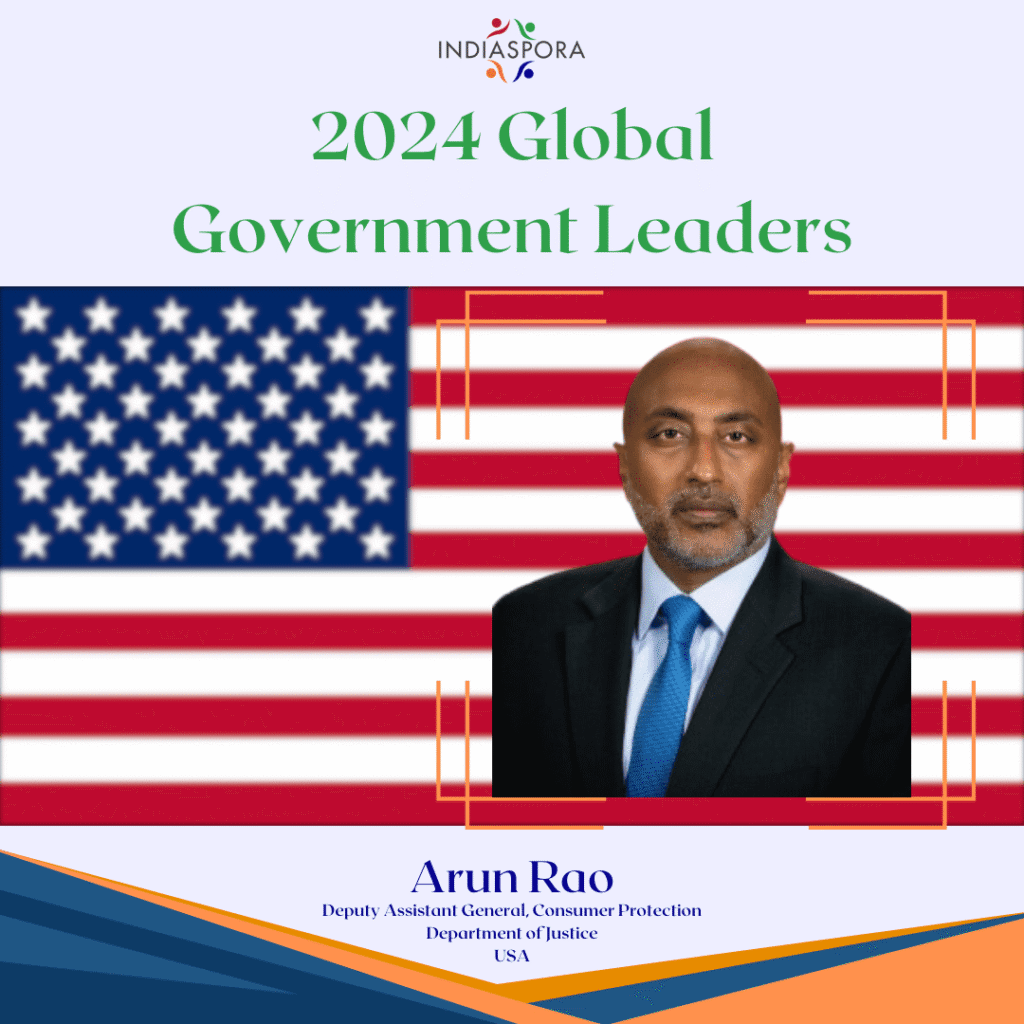 A picture of arun rao with the american flag behind him.
