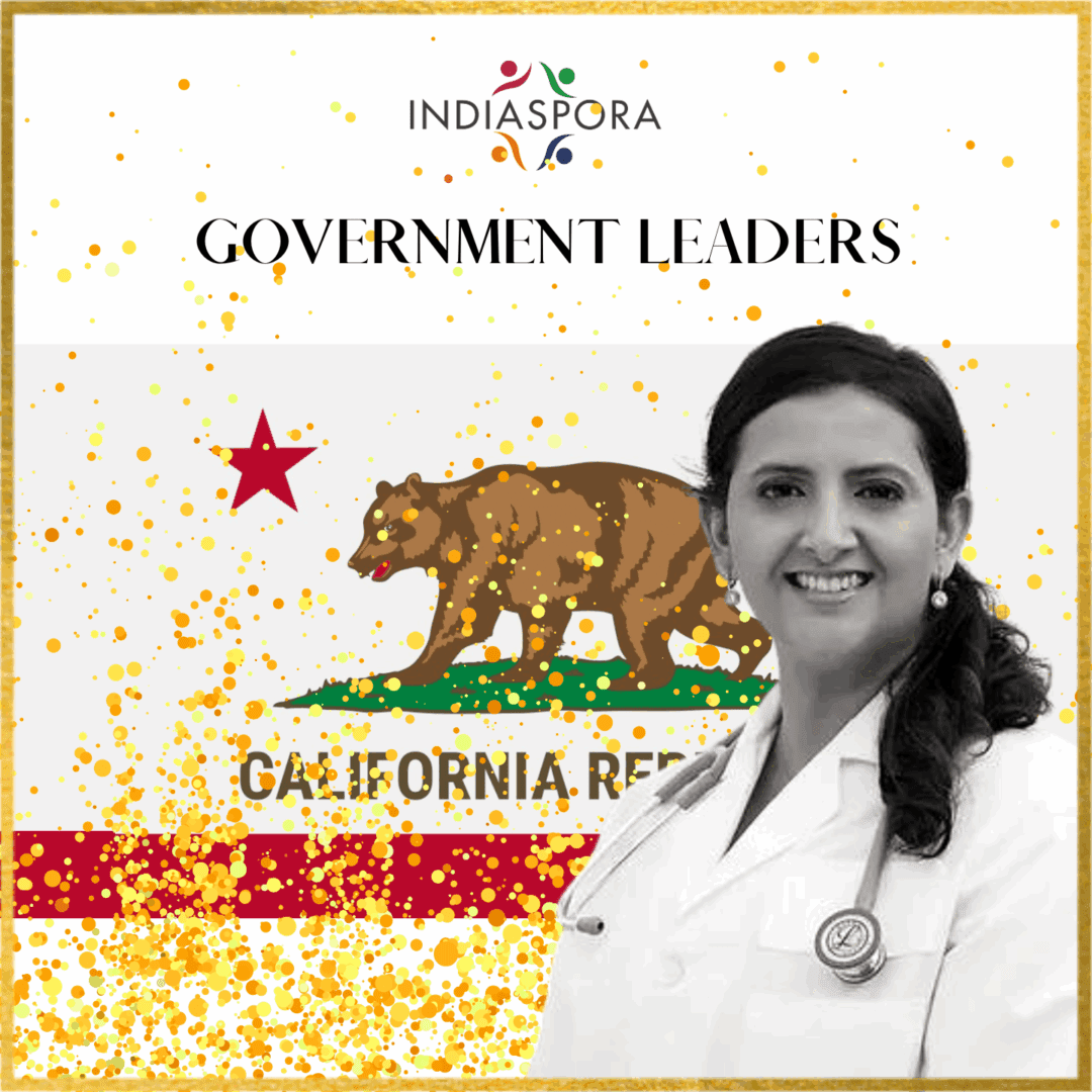 A woman in white shirt and red tie standing next to california flag.|A woman in white shirt and stethoscope next to california flag.