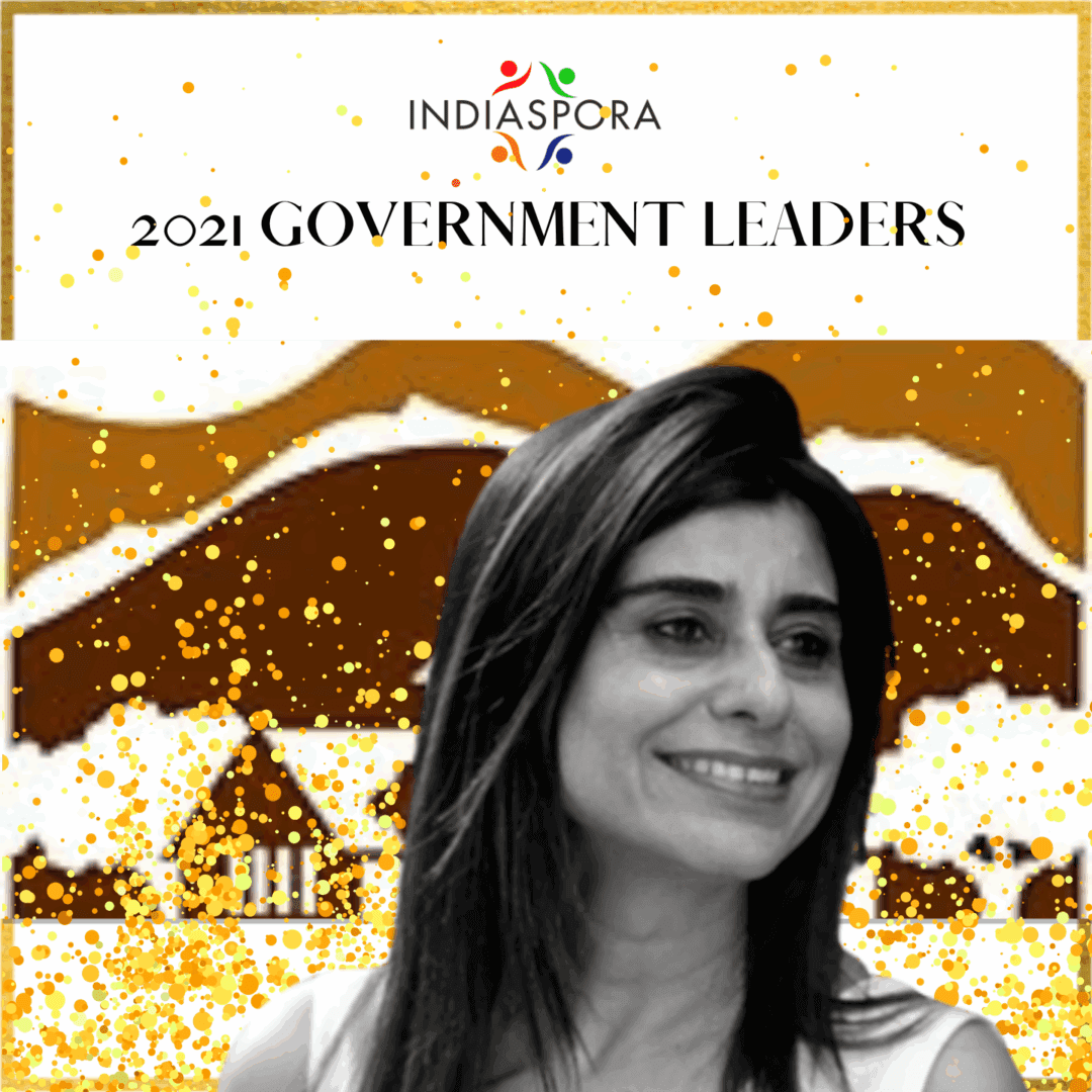 A woman standing in front of a mountain with the words indiaspora 2 0 2 1 government leaders written above her.