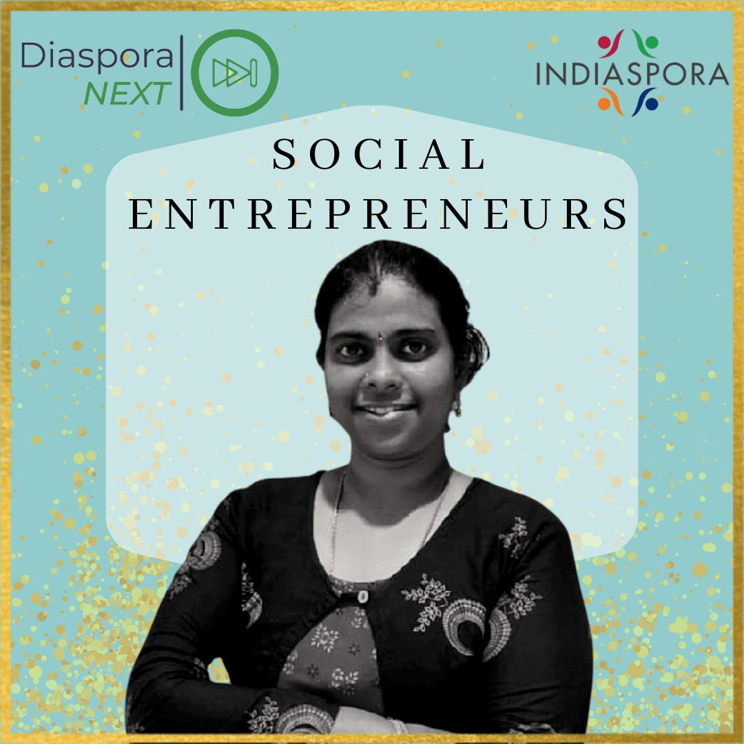 A woman standing in front of the words social entrepreneurs.